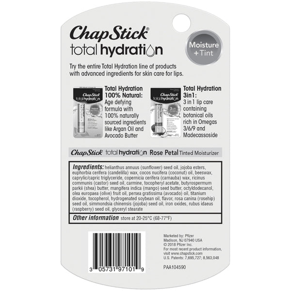 ChapStick Total Hydration Moisture + Tint Rose Petal Tinted Lip Balm Tube, Tinted Moisturizer - 0.12 Oz