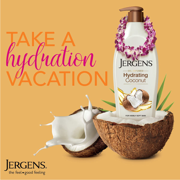 Jergens Hydrating Coconut Body Lotion, Hand and Body Moisturizer Hydrates Dry Skin Instantly, Infused with Coconut Oil, Dermatologist Tested, 16.8 oz