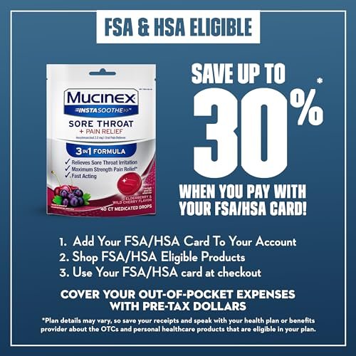 Mucinex Instasoothe Sore Throat Relief, Sore Throat Lozenges, Sore Throat Medicine with Hexylresorcinol, Cough Drops Alternative, 40 Elderberry & Wild Cherry Medicated Numbing Throat Drops