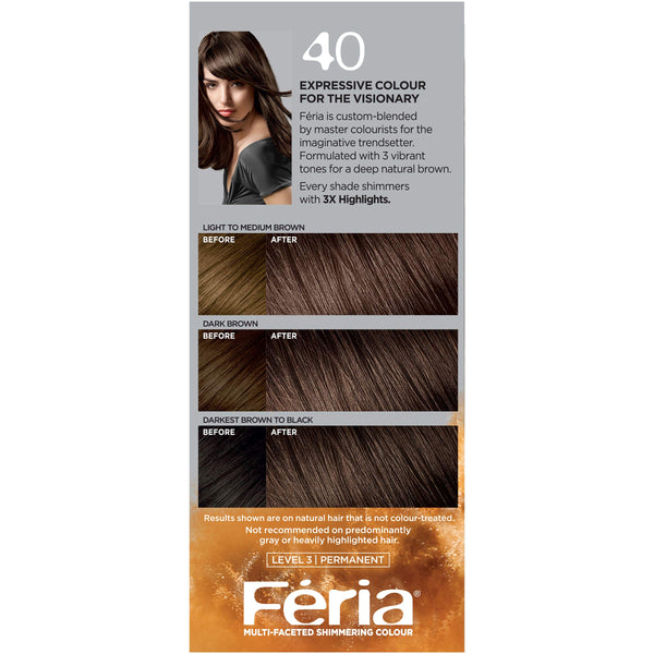 L'Oréal Paris Feria Multi-Faceted Shimmering Permanent Hair Color, 40 Espresso (Deeply Brown), 1 kit Hair Dye