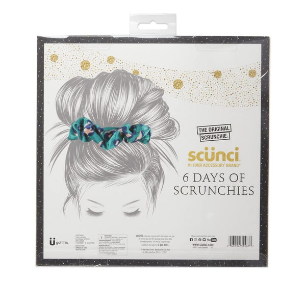 The Original Scrunchie Six Days of Scrunchies Fashion Gift Set Includes 6 Unique Designs: Black Velvet, Emerald Satin, Animal Velvet, Burgundy Satin, Pink Metallic, White Satin in Presentation Box
