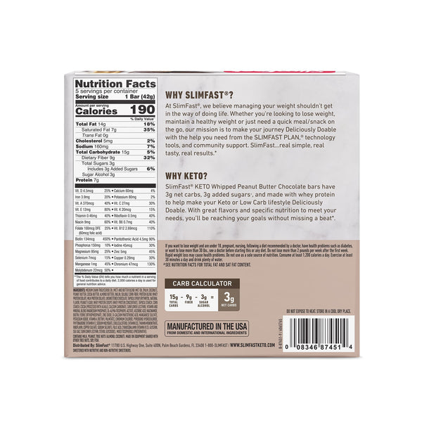 SlimFast Keto Whipped Peanut Butter Chocolate Meal Replacement Bar 5 Count