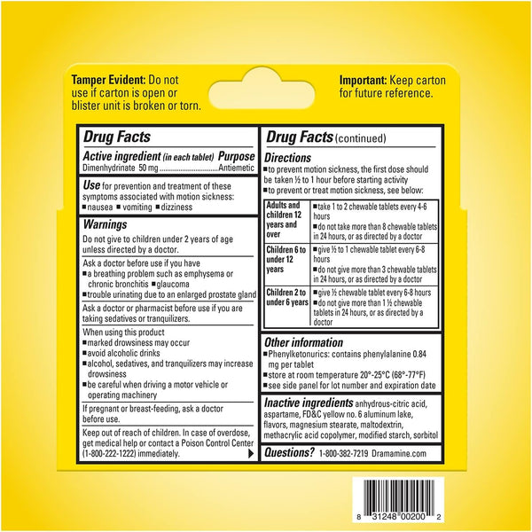 Dramamine Motion Sickness Chewable, Orange, 8CT/Expiry Mar 2026