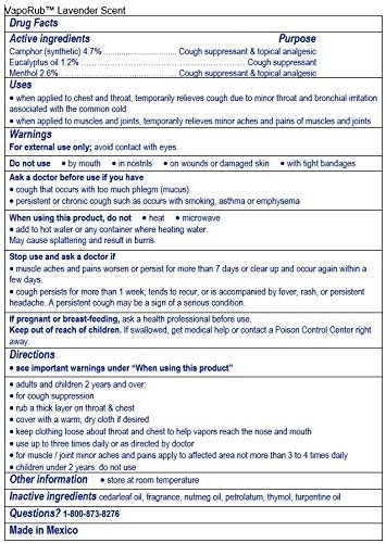 Vicks VapoRub, Lavender Scent, Cough Suppressant, Topical Chest Rub & Analgesic Ointment, Medicated Vicks Vapors, Relief from Cough Due to Cold, Aches & Pains, 1.76oz