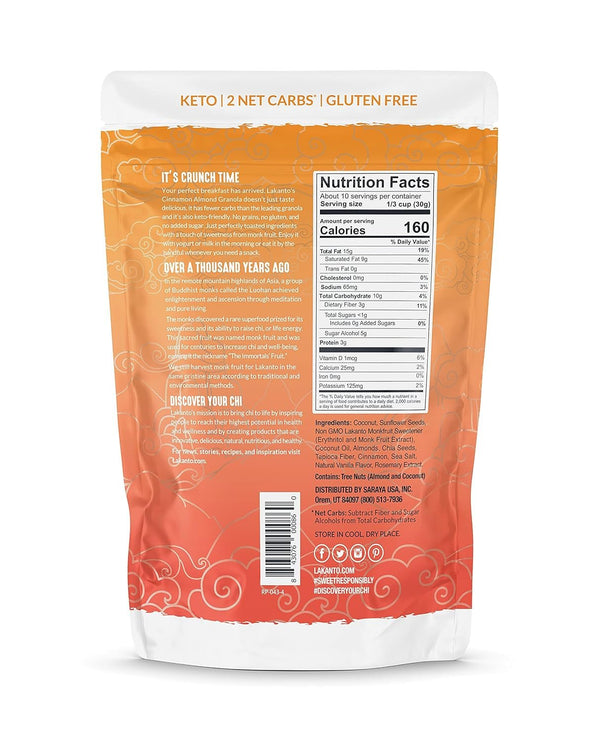 Lakanto Cinnamon Almond Crunch Granola - Delicious Snack, Quick Breakfast Cereal, Keto Friendly, Monk Fruit Sweetener, No Sugar Added, Vegan, Gluten Free, Grain Free, 4g Net Carbs (11 Oz)