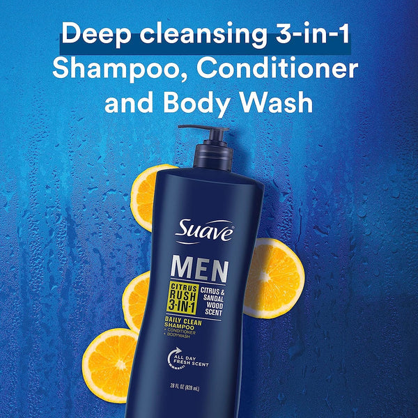 Suave 3-in-1 Shampoo Conditioner Body Wash for Gentle Cleansing and Conditioning Citrus Rush Mens Shampoo 3 in 1 Formula with Keratin and Glycerin 28 oz