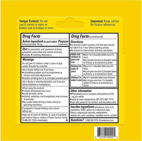 Dramamine Motion Sickness Chewable, Orange, 8CT/Expiry Mar 2026