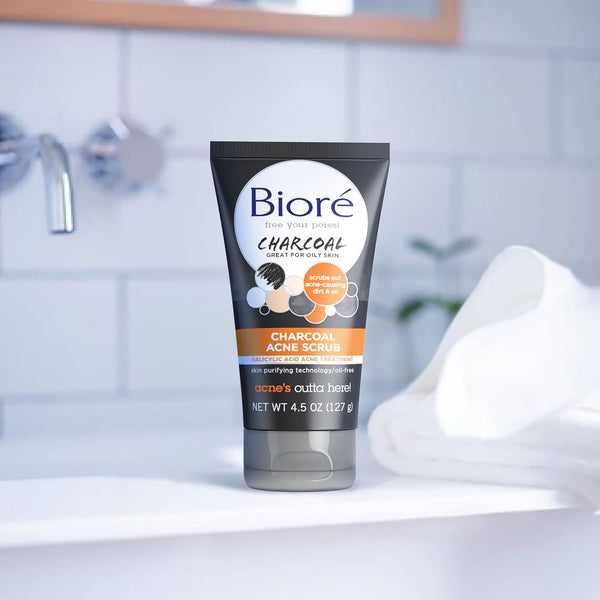 Bioré Charcoal Acne Face Scrub, with 1% Salicylic Acid and Natural Charcoal, Helps Prevent Breakouts and Absorb Oil for Deep Pore Cleansing, 4.5 Ounce (Pack of 3)