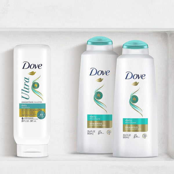 Dove Ultra Daily Moisture Concentrate Shampoo for Dry Hair Moisturizes and Smooths in 30 Seconds, Ultra-Lather Technology and 2X More Washes 20 oz