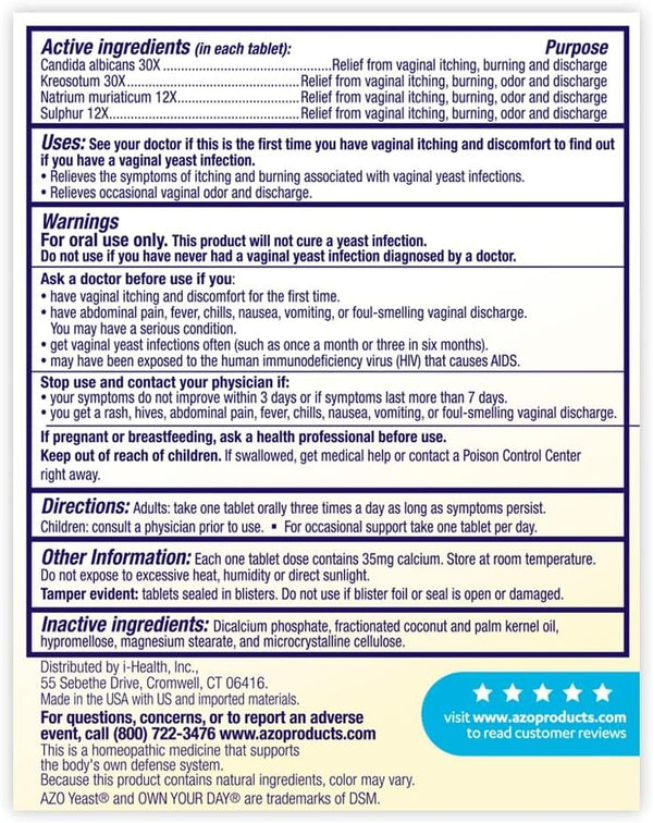 AZO Yeast Plus Dual Relief Tablets, Yeast Infection and Vaginal Symptom Relief, Relieves Itching & Burning, 60 Count