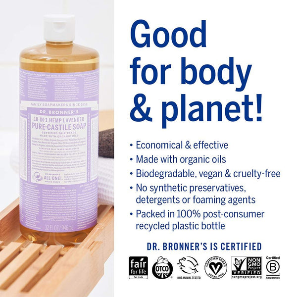 Dr. Bronner’s - Pure-Castile Liquid Soap (Lavender, 16 ounce) - Made with Organic Oils, 18-in-1 Uses: Face, Body, Hair, Laundry, Pets & Dishes, Concentrated, Vegan, Non-GMO