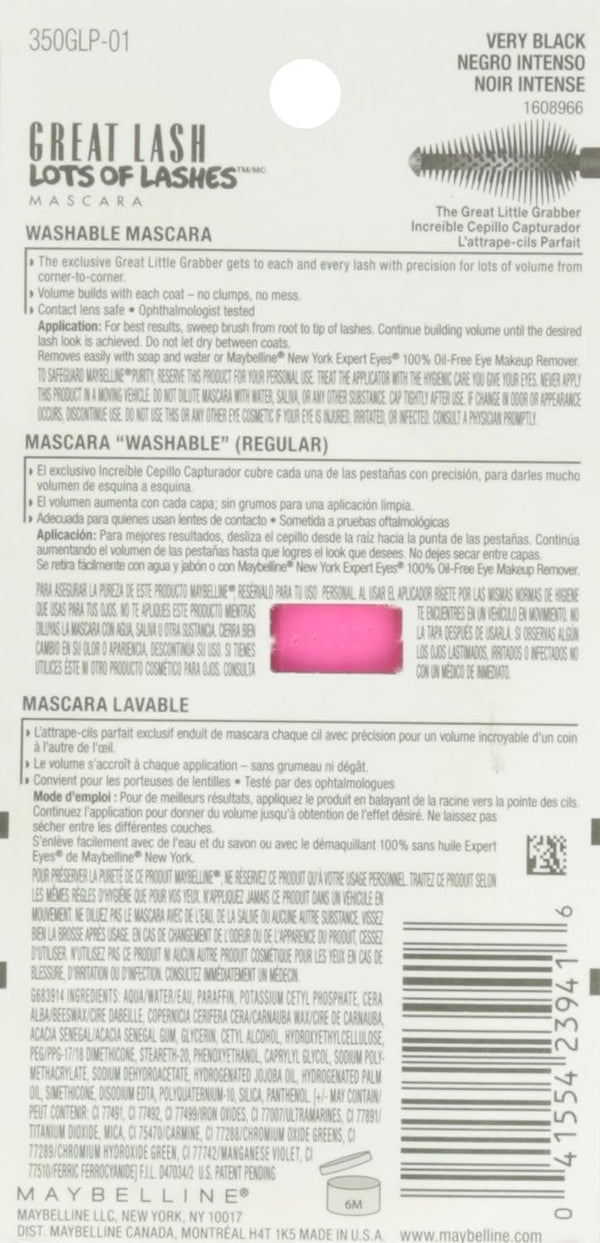 Maybelline New York Makeup Great Lash Lots Of Lashes Washable Mascara, Very Black Mascara, 0.43 fl oz