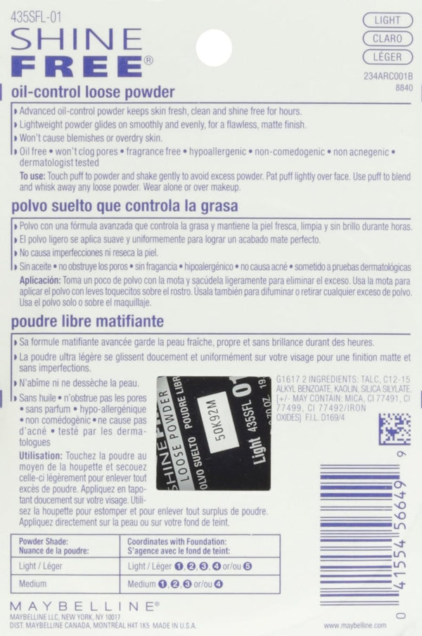 Maybelline Shine Free Oil Control Loose Powder, Light, 0.7 oz