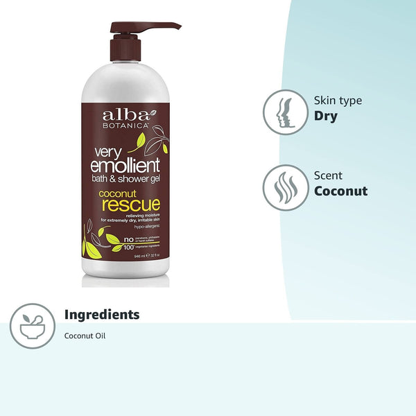 Alba Botanica Very Emollient Bath & Shower Gel, Coconut Rescue, 32 Oz