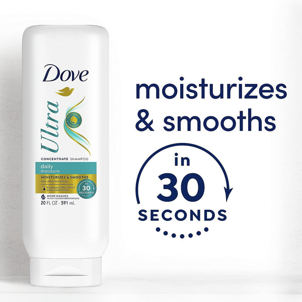 Dove Ultra Daily Moisture Concentrate Shampoo for Dry Hair Moisturizes and Smooths in 30 Seconds, Ultra-Lather Technology and 2X More Washes 20 oz