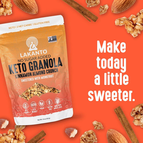 Lakanto Cinnamon Almond Crunch Granola - Delicious Snack, Quick Breakfast Cereal, Keto Friendly, Monk Fruit Sweetener, No Sugar Added, Vegan, Gluten Free, Grain Free, 4g Net Carbs (11 Oz)