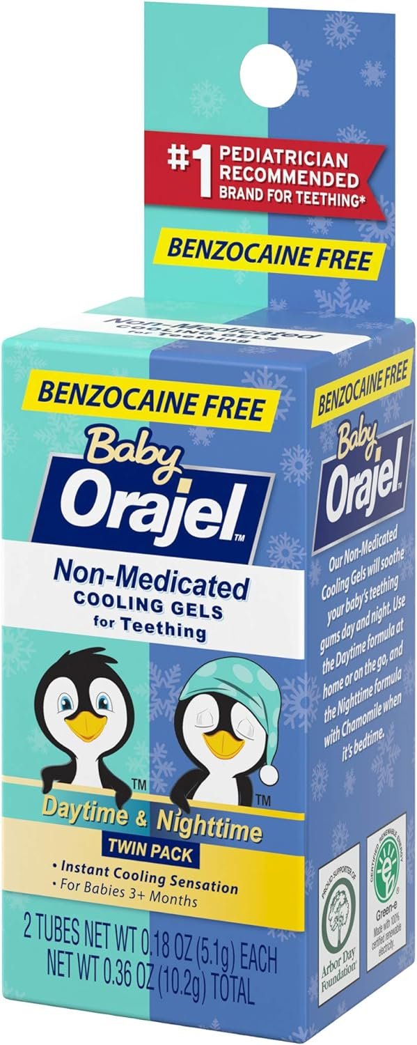 Orajel Baby Daytime & Nighttime Cooling Gels for Teething, Drug-Free, #1 Pediatrician Recommended Brand for Teething*, Two 0.18oz Tubes
