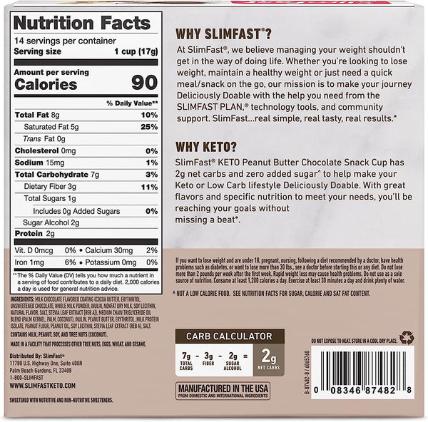 SlimFast Low Carb Chocolate Snacks, Keto Friendly for Weight Loss with 0g Added Sugar & 3g Fiber, Peanut Butter Chocolate, 14 Count Box (Packaging May Vary)