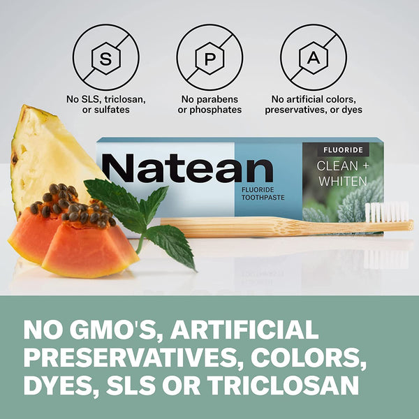 Natean Clean + Whiten Fluoride Toothpaste, Clean Mint - 4.7 Oz Tube/Expires 02/2024
