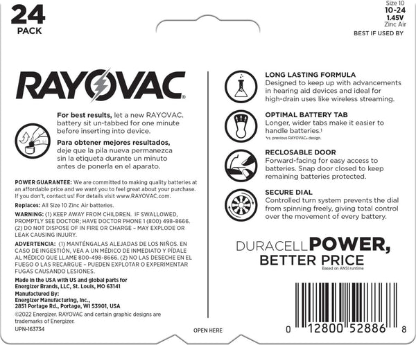 Rayovac Size 10 Hearing Aid Batteries (24 Pack), Size 10 Batteries