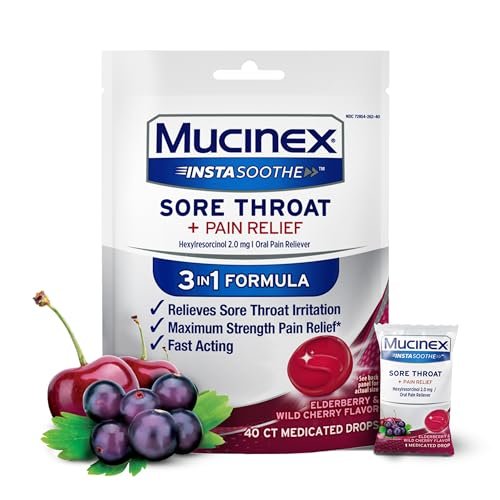 Mucinex Instasoothe Sore Throat Relief, Sore Throat Lozenges, Sore Throat Medicine with Hexylresorcinol, Cough Drops Alternative, 40 Elderberry & Wild Cherry Medicated Numbing Throat Drops