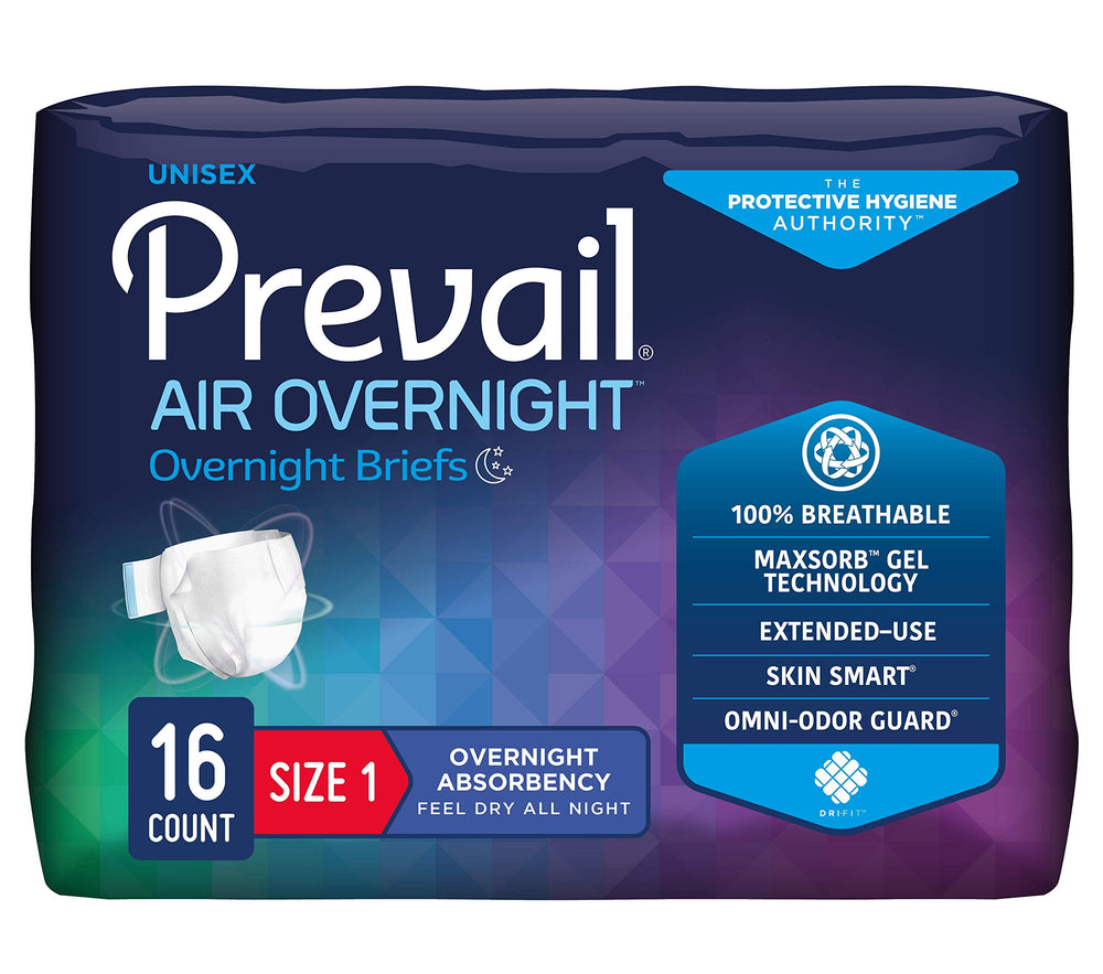 Prevail Air Overnight Incontinence Adult Briefs with Refastenable Tabs, Size 1, Medium, 16 Count