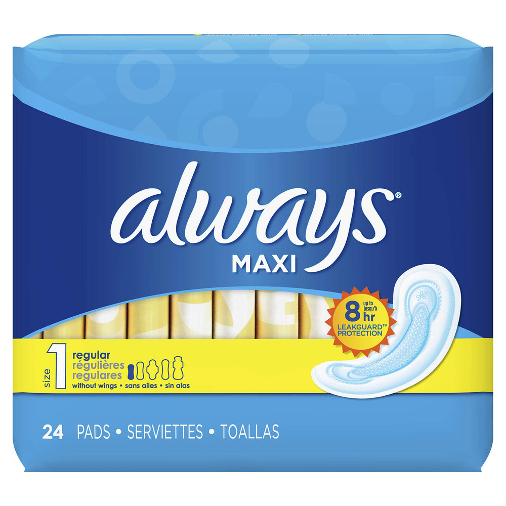 Always Maxi Size 1 Regular Pads Without Wings Unscented, 24 Count