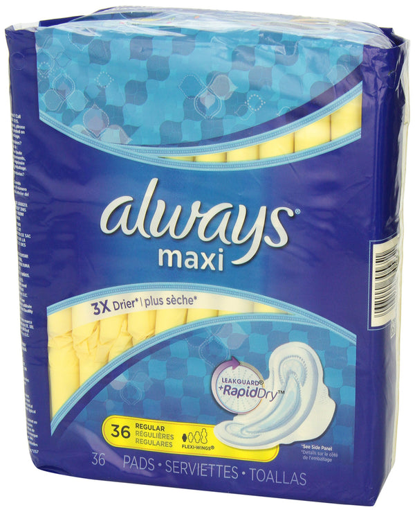 Always Maxi Feminine Pads for Women, Regular Absorbency, with Wings, 36 Count