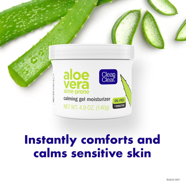 Clean & Clear Aloe Vera Calming Gel Acne Facial Moisturizer for Acne-Prone & Sensitive Skin, Oil-Free Daily Moisturizing Gel, 4.9 Oz