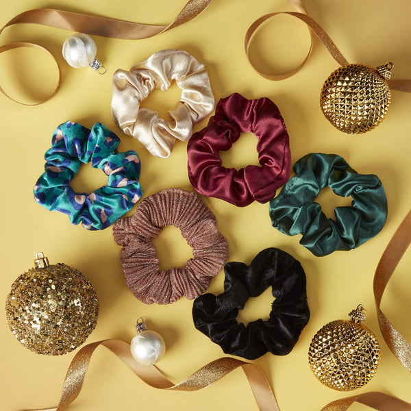 The Original Scrunchie Six Days of Scrunchies Fashion Gift Set Includes 6 Unique Designs: Black Velvet, Emerald Satin, Animal Velvet, Burgundy Satin, Pink Metallic, White Satin in Presentation Box