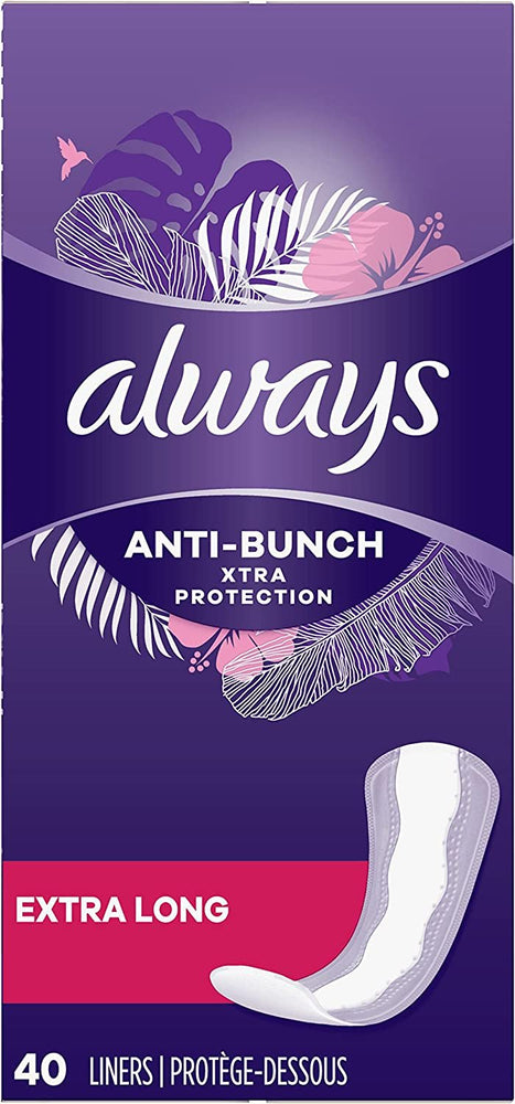 Always Anti-Bunch Xtra Protection Daily Liners Extra Long Unscented, Anti Bunch Helps You Feel Comfortable, 40 Count