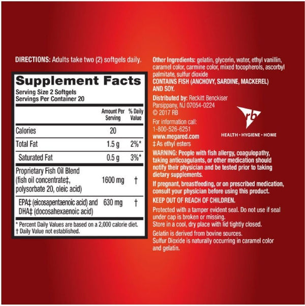 Omega-3 Fish Oil 800mg Supplement- Megared Ultra Concentration 40 softgels - EPA/DHA Fatty acids, Antioxidants, Carotenoids, 3X Absoption, No Presrvatives, No Fishy Burp Aftertaste