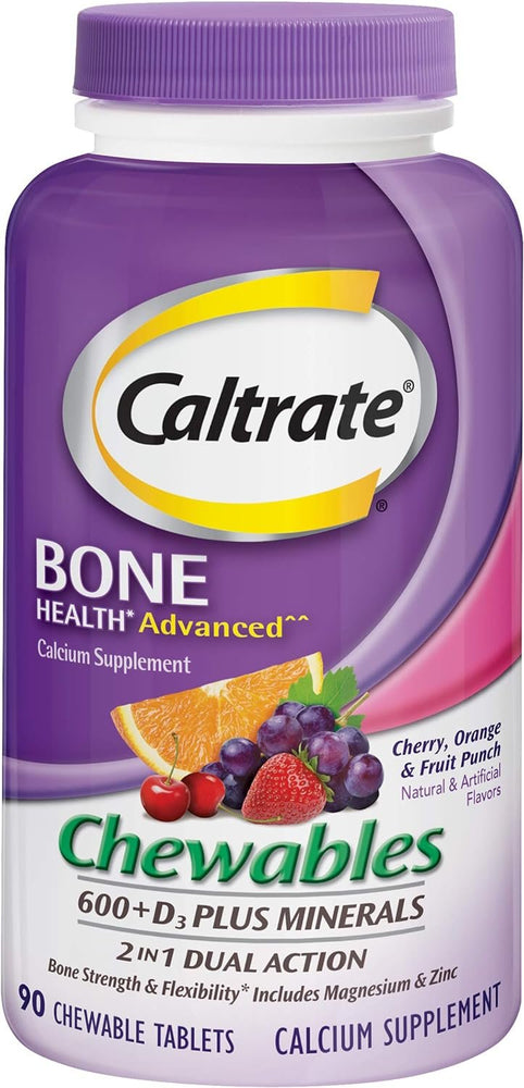 Caltrate Chewables 600 Plus D3 Plus Minerals Calcium Vitamin D Supplement, Cherry, Orange and Fruit Punch - 90 Count