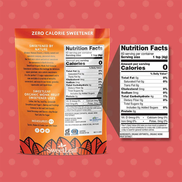 SweetLeaf Organic Monk Fruit Granular Sweeteners, 240 Grams, 1:1 Sugar Substitute, Zero Calorie, Keto Diet Friendly