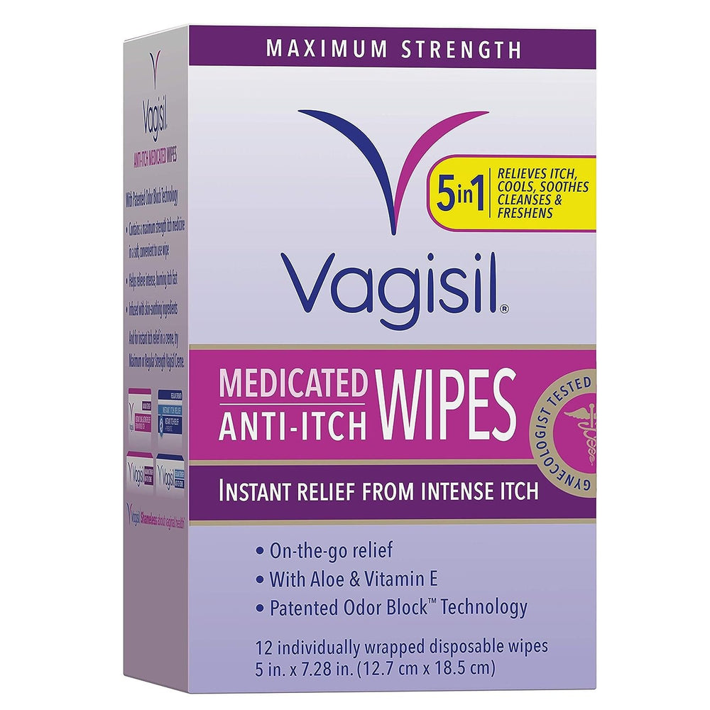 Vagisil Anti-Itch Medicated Feminine Intimate Wipes for Women, Maximum Strength, Gynecologist Tested, 12 Wipes (Pack of 1)