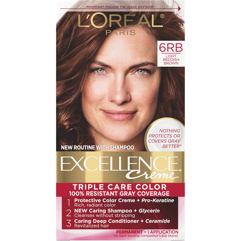 L'Oreal Paris Excellence Creme Permanent Hair Color, 6RB Light Reddish Brown, 100 percent Gray Coverage Hair Dye, Pack of 1