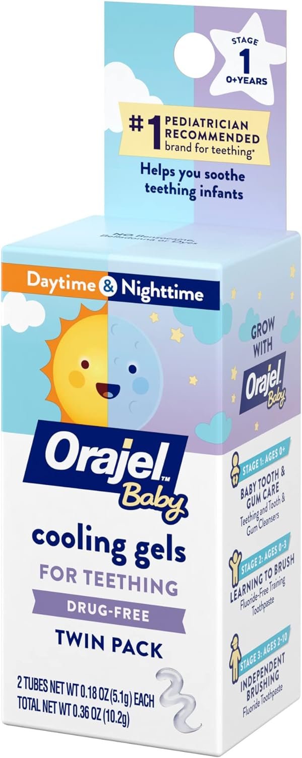 Orajel Baby Daytime & Nighttime Cooling Gels for Teething, Drug-Free, #1 Pediatrician Recommended Brand for Teething*, Two 0.18oz Tubes
