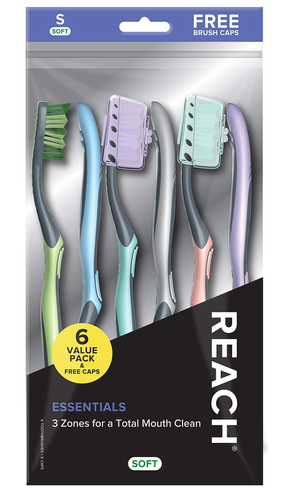 Reach Essentials Toothbrush and Brush Caps, Soft Bristles, 6 Count Value Pack