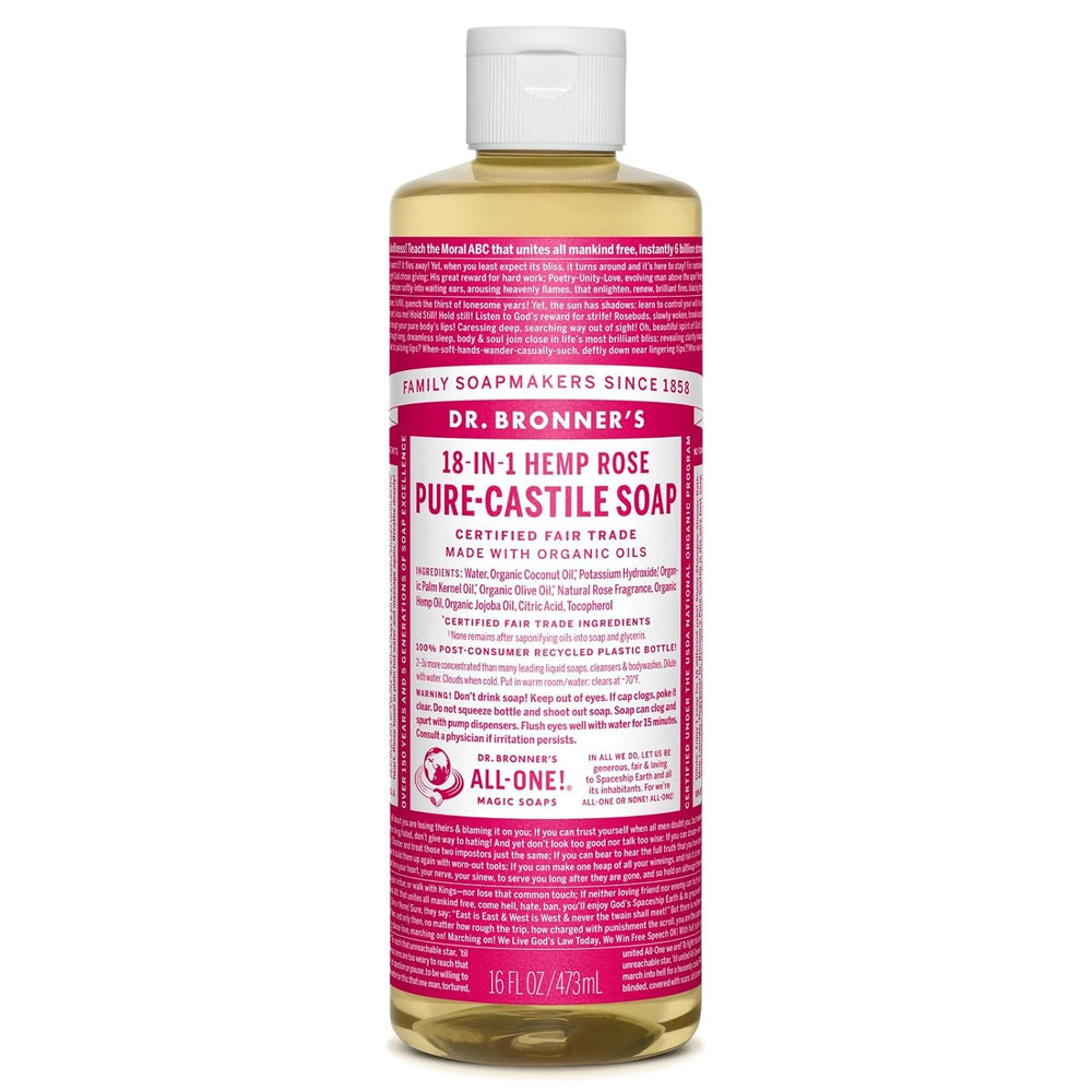 Dr. Bronner's - Pure-Castile Liquid Soap (Rose, 16 ounce) - Made with Organic Oils, 18-in-1 Uses: Face, Body, Hair, Laundry, Pets and Dishes, Concentrated, Vegan, Non-GMO