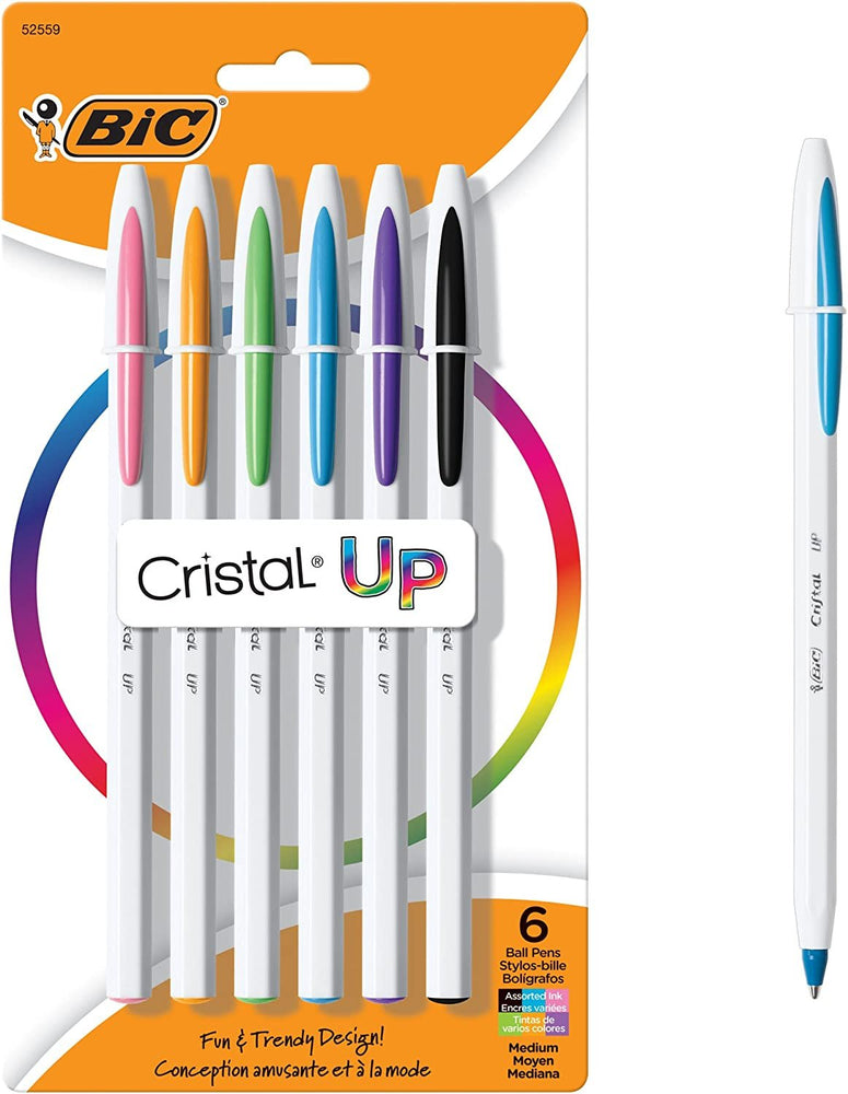 BIC Cristal Up Ballpoint Pen, Medium Point (1.2mm) Distributes Ink Evenly, Assorted Colors, 6-Count