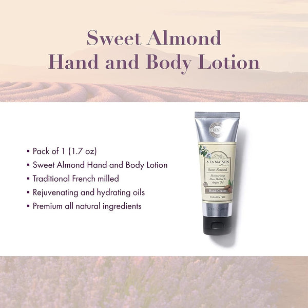 A LA MAISON De Provence Hand and Body Cream | Natural Moisturizing Lotion with Argan Oil and Shea Butter | Moisturizer for Dry Skin | Paraben and Phthalates Free | Sweet Almond Scent 1.7 Oz