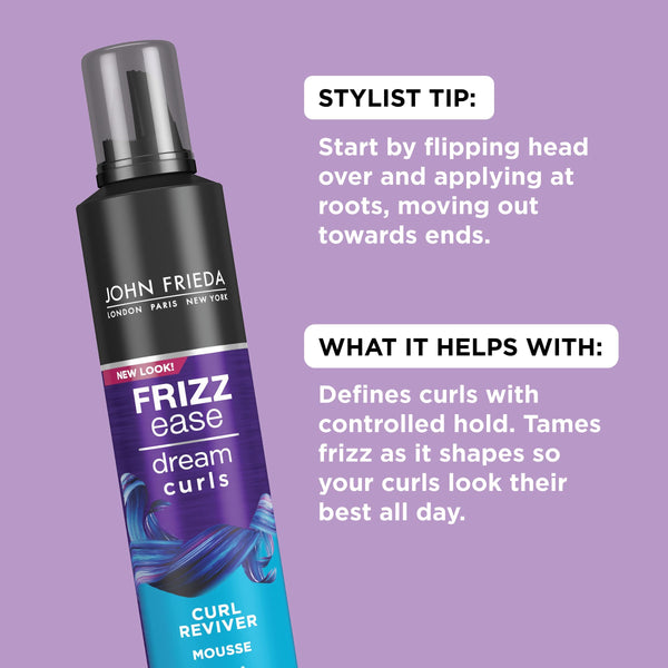John Frieda Frizz Ease Curl Reviver Mousse, Enhances Curls, Soft Flexible Hold, Mousse for Curly or Frizzy Hair, 7.2 Ounces, Alcohol-Free