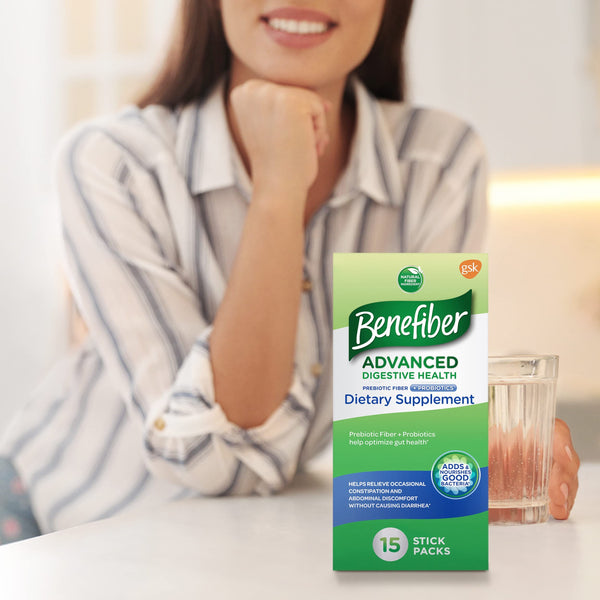 Benefiber Advanced Digestive Health Prebiotic Fiber Supplement Powder with Probiotics for Occasional Constipation and Abdominal Discomfort Relief, Low FODMAP - 15 Sticks (3.0 Ounces)