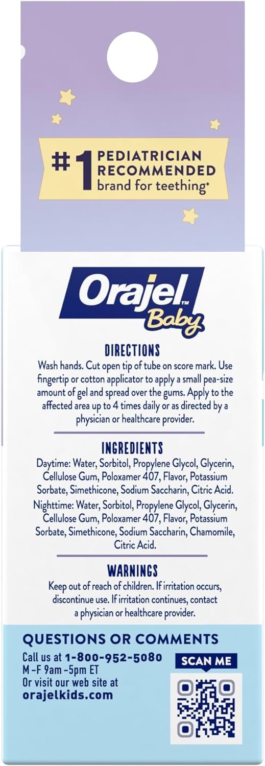 Orajel Baby Daytime & Nighttime Cooling Gels for Teething, Drug-Free, #1 Pediatrician Recommended Brand for Teething*, Two 0.18oz Tubes