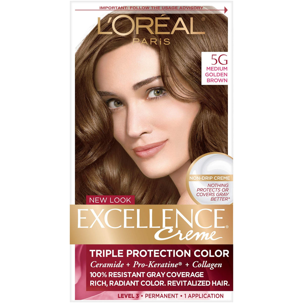 L'Oréal Paris Excellence Créme Permanent Hair Color, 5G Medium Golden Brown, 1 kit 100% Gray Coverage Hair Dye