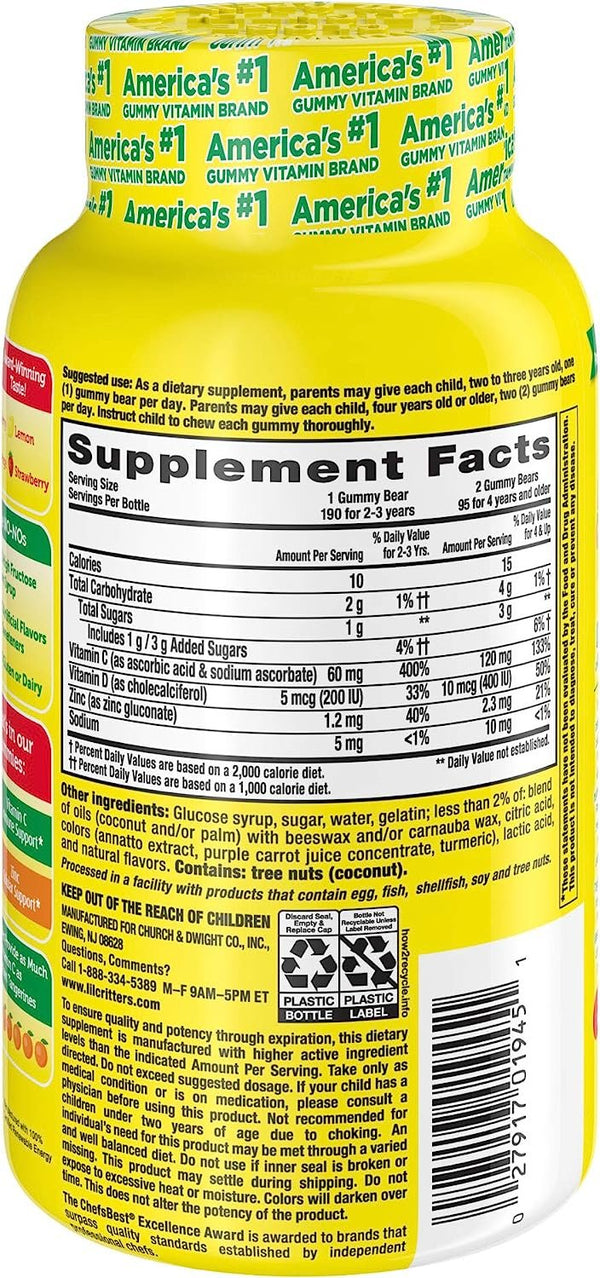 L'il Critters Immune C Kids Gummy Supplement, Fruit Flavored, 190 Count/Expiry April 2024