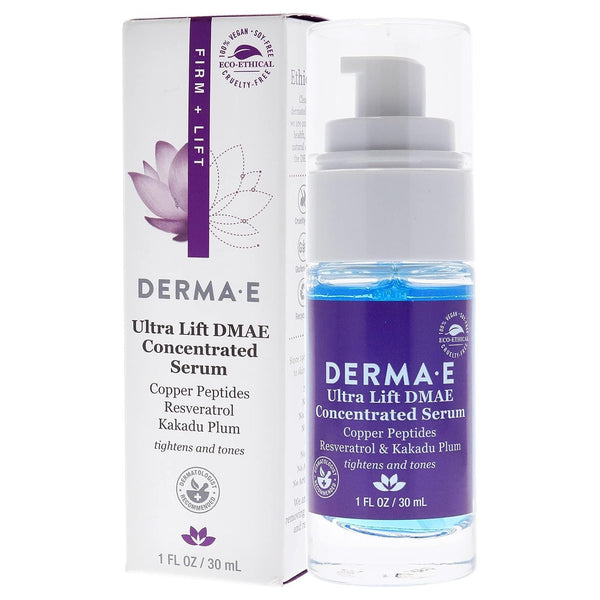 DERMA E Ultra Lift DMAE Concentrated Serum – All Natural Skin Firming Serum – Hydrating Serum with Copper Peptides and Resveratrol – Concentrated Facial Skin Care Serum, 1oz