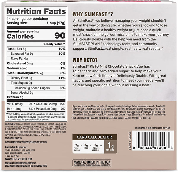 SlimFast Low Carb Chocolate Snacks, Keto Friendly for Weight Loss with 0g Added Sugar & 3g Fiber, Mint Chocolate Cup, 14 Count Box (Packaging May Vary)