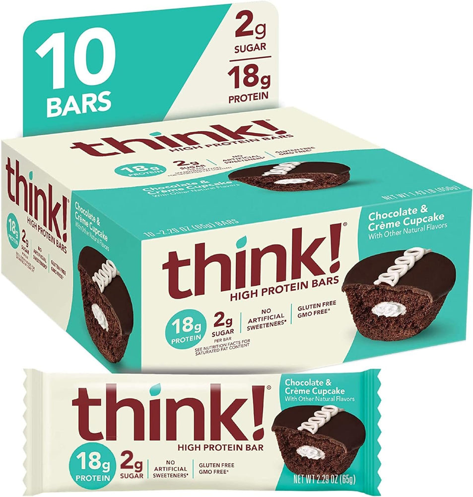 think! Protein Bars, High Protein Snacks, Gluten Free, Low Sugar Energy Bar with Whey Protein Isolate, Chocolate & Crème Cupcake, Nutrition Bars without Artificial Sweeteners, 2.1 Oz (10 Count)