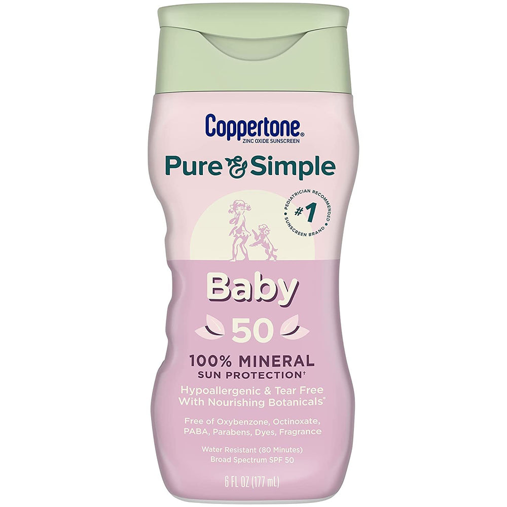 Coppertone Pure and Simple Baby Sunscreen SPF 50 Lotion, Zinc Oxide Mineral Sunscreen for Babies, Tear Free, Water Resistant, Broad Spectrum SPF 50 Sunscreen, 6 Fl Oz Bottle